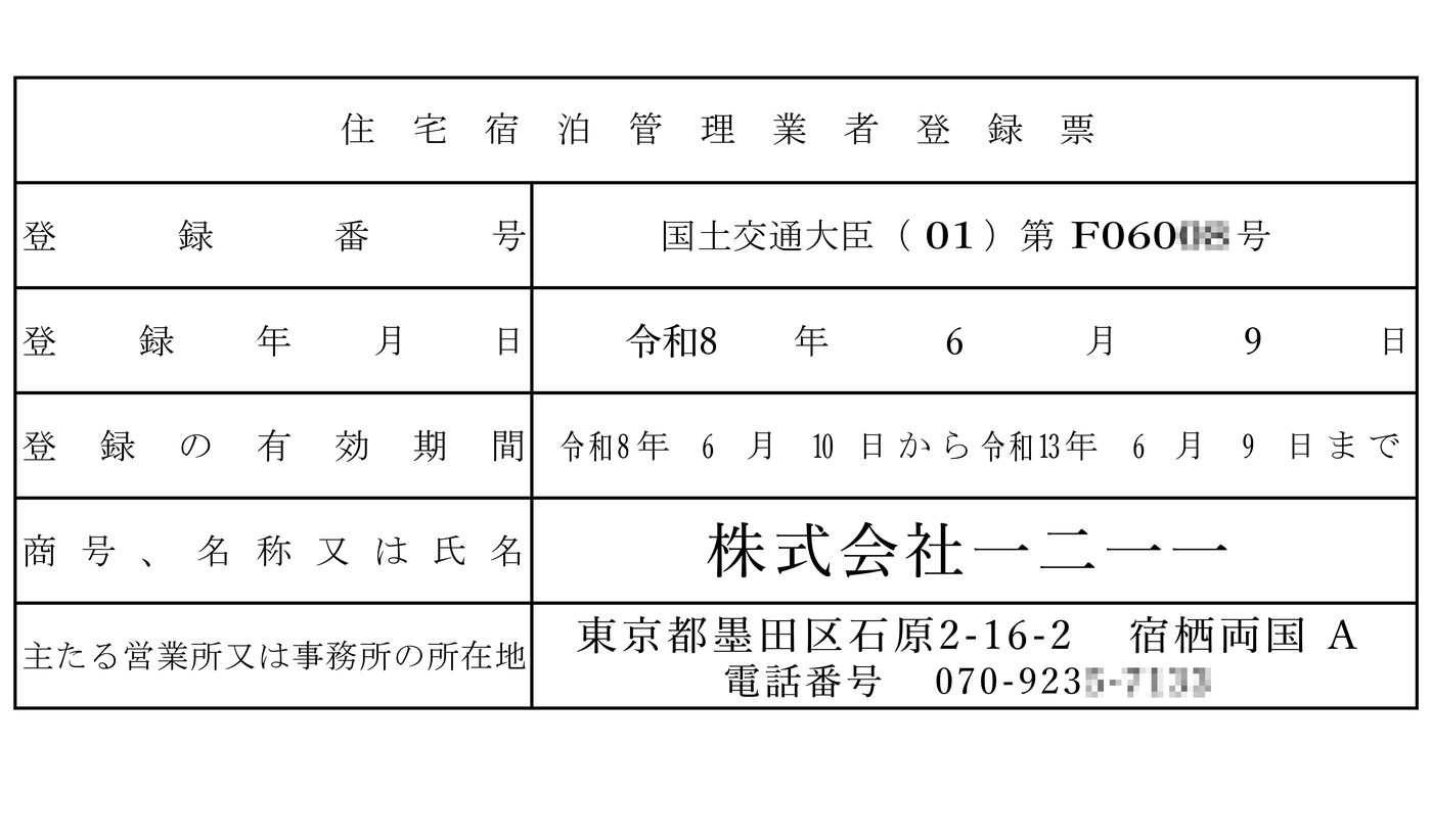 住宅宿泊管理業者登録票のマスク済み縮略画像